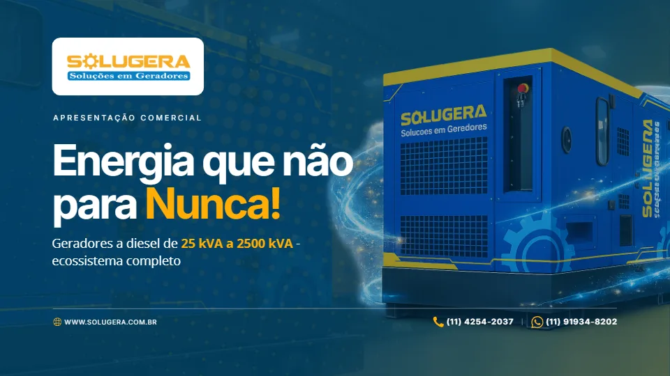 Capa da apresentação comercial da Solugera: grupo gerador a diesel carenado com a marca da empresa