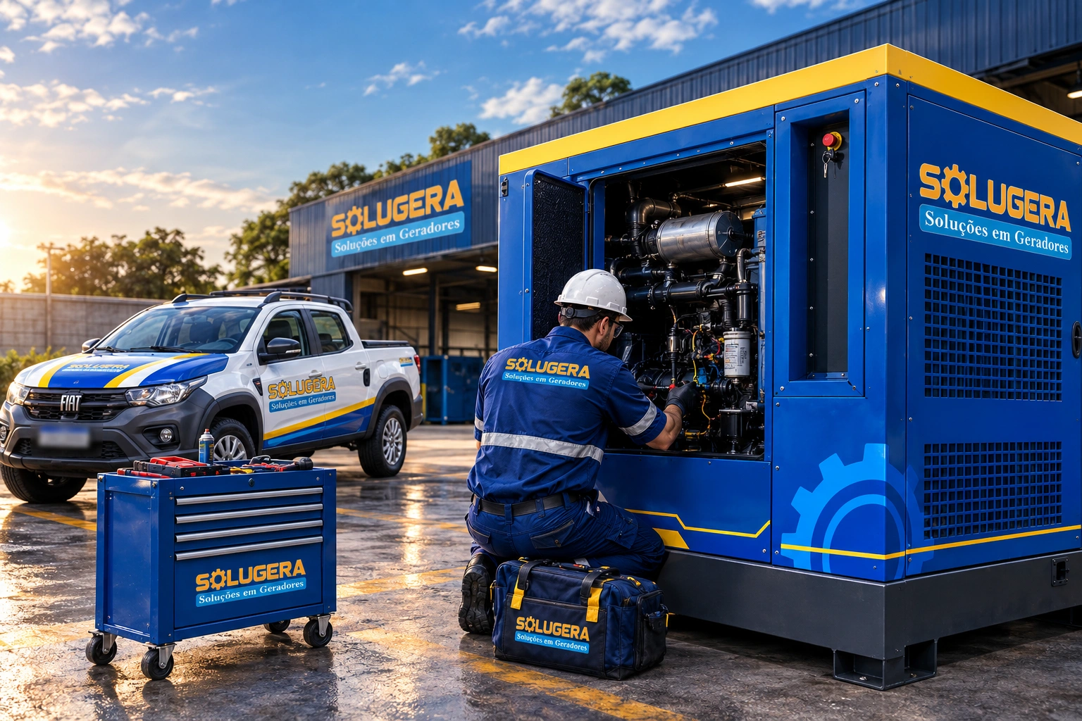 Técnico da Solugera atendendo um grupo gerador a diesel, com a picape e a sede da empresa ao fundo