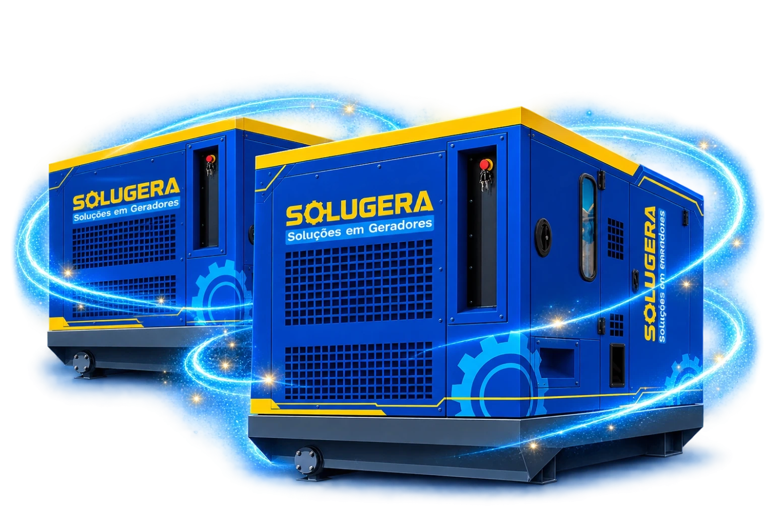 Dois grupos geradores a diesel carenados da Solugera, envoltos por um feixe de energia azul