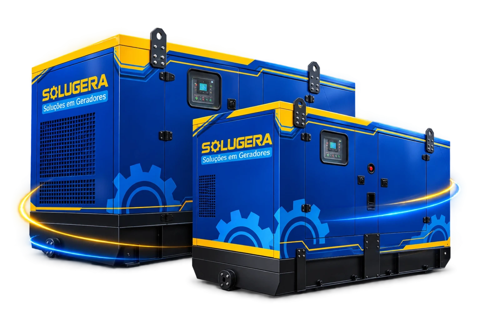 Dois grupos geradores a diesel carenados, atendidos pela equipe da Solugera