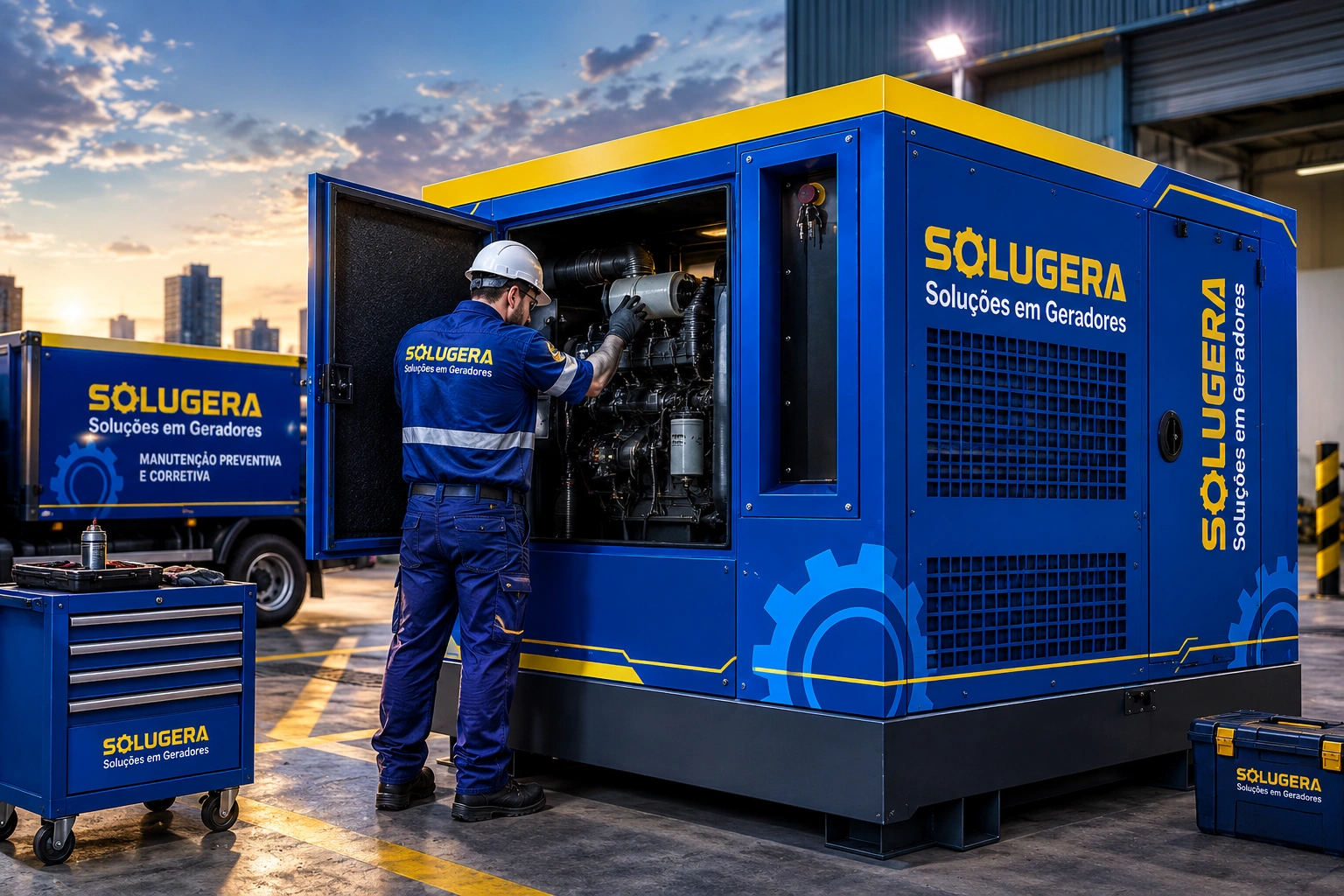 Técnico da Solugera em manutenção de um grupo gerador a diesel, com o caminhão da empresa ao fundo